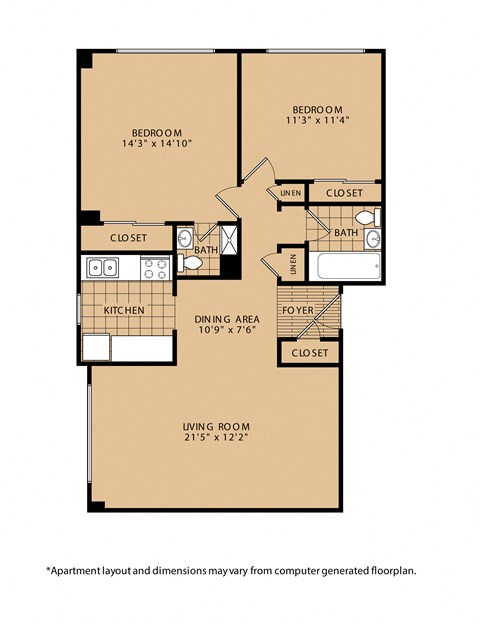Floor plan for 2 beds, 2 baths, 1000 sqft